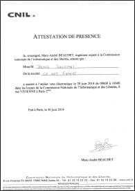 Attestation de présence de la formations sur la sécurité des systèmes de votes électronique dispensée par la CNIL Expertise votes électroniques avec LE NET EXPERT - Fiche de présence CNIL
